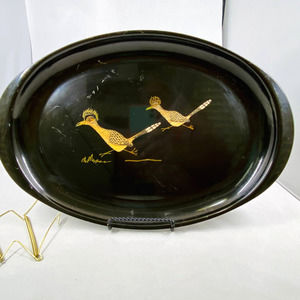 VTG Mid Century Couroc Monterrey California Roadrunner Barware Oval Tray 15 in.